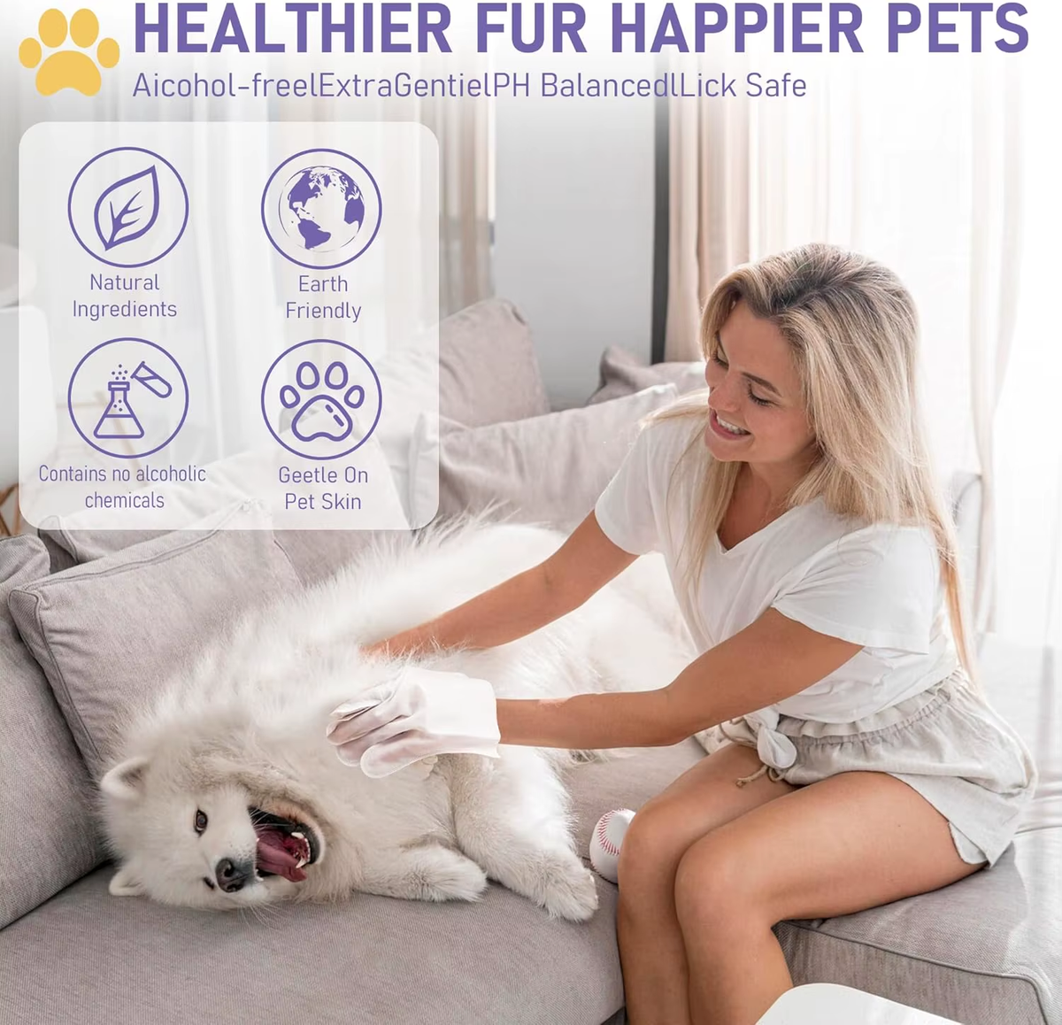 Petzura Cleaning Glove Wipes for Dogs & Cats, No-Rinse Deodorizing Grooming Wipes, Hypoallergenic, Unscented, 8 Pcs