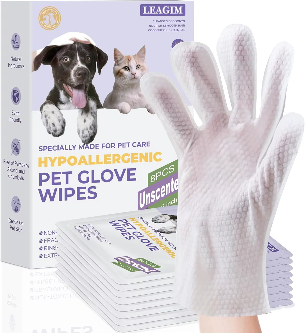Petzura Cleaning Glove Wipes for Dogs & Cats, No-Rinse Deodorizing Grooming Wipes, Hypoallergenic, Unscented, 8 Pcs